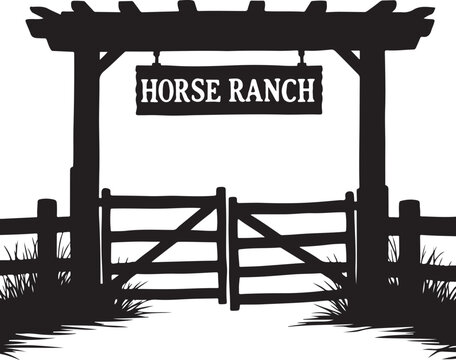 Black silhouette of a horse ranch entrance gate black and white