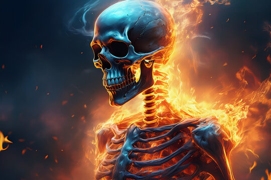 Fiery human skeleton burning with glowing blue skull