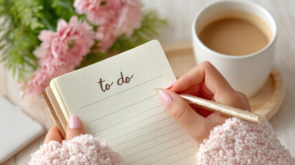 Young woman's hand writing in to-do notebook with coffee cup and pink flowers on table for self-care planning.