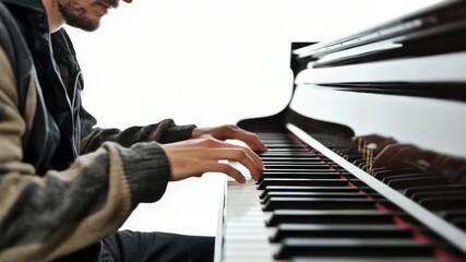 A person plays the piano on a white background, perfect for music-related projects or educational purposes