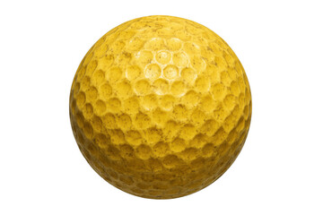 Yellow golf ball with dimpled texture, sporting equipment for playing golf, closeup object on transparent background