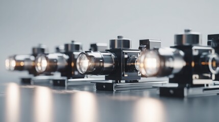 set of interchangeable laser heads arranged in a row on soft neutral backdrop metallic shine shadows clean commercial layout ultra sharp