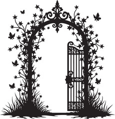 Black silhouette of ornate garden gate with vines and butterflies