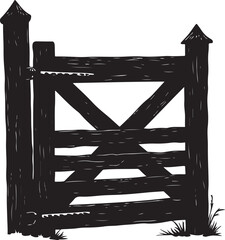 Black wooden farm gate with pointed posts and grass