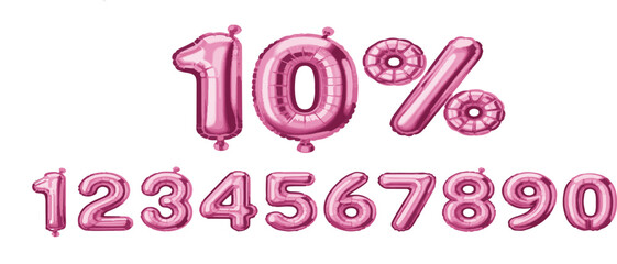 Shiny pink metallic balloon vector digits including ten percent sign and numeric characters for discounts.