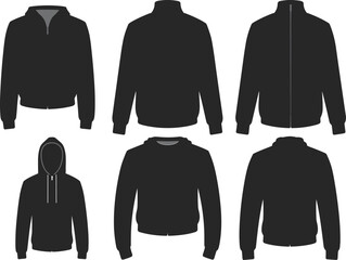 Jacket and hoodie silhouettes, outerwear styles, collar and zipper design, fashion icon set, black vector, flat vector illustration © MdAzmol