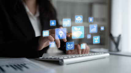 ESG icons show environmental impact, social responsibility, and corporate governance. ESG drives sustainability, ESG investment, ESG reporting, and business growth. Entice