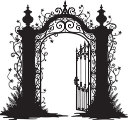 Ornate black wrought iron garden gate with vines and flowers