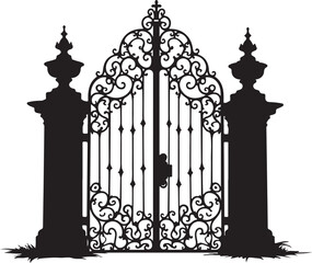 Ornate black wrought iron gate with decorative pillars