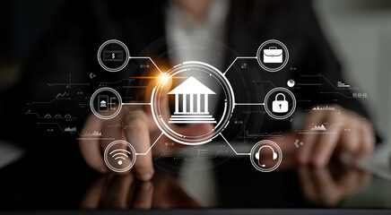 A concept of digital banking and online financial technology (FinTech) services. A central platform for secure transactions, support, and business finance. Motif