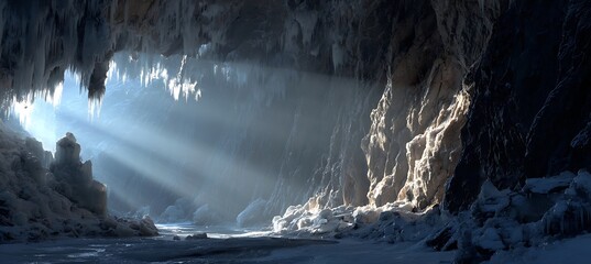 Dramatic sunbeams pierce the darkness of a vast, icy cave opening revealing frozen formations and water below