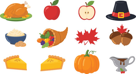 Thanksgiving food collection with turkey, pumpkin pie, apple, cornucopia, mashed potatoes, autumn leaves, acorns, pumpkin, gravy boat and festive holiday elements