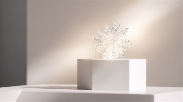 single snowflake placed on sleek white geometric pedestal illuminated by soft gradient lights luxury minimalistic fashion winter presentation hyper