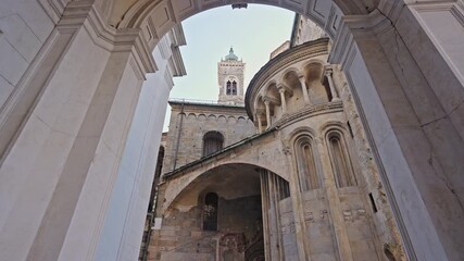 Upward View of Bergamo Cathedral Portico and Bell Tower, Italy.Filmed on 21 September 2025.