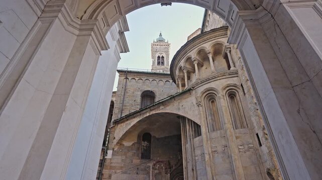 Upward View of Bergamo Cathedral Portico and Bell Tower, Italy.Filmed on 21 September 2025.