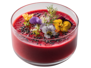 Vibrant beetroot smoothie garnished with fresh edible flowers and seeds in a clear glass bowl.