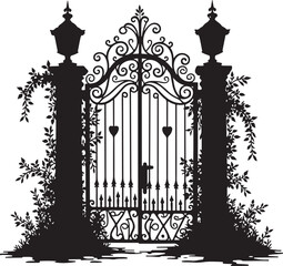 Ornate black wrought iron gate with lamps and vines