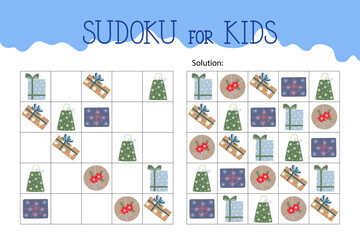 Christmas gift boxes sudoku educational game or leisure activity worksheet vector illustration, printable grid to fill in missing images, winter holiday puzzle with its solution, teacher resources