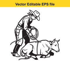 Naklejka premium Black and white vector illustration of a cowboy roping and tying down a bull or steer with a lasso rope, isolated on