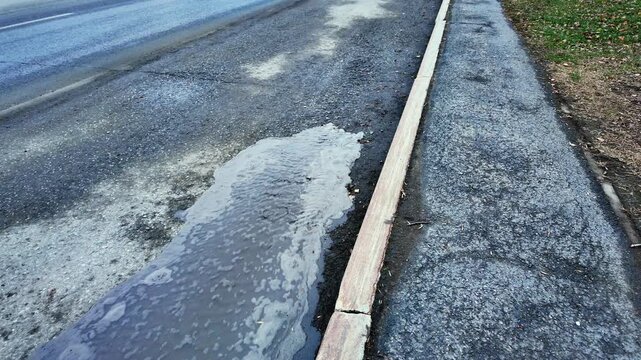 wet asphalt gutter with standing puddle and curb foam; close-up of suburban roadside showing oil sheen, cracked pavement, textured tarmac, minor erosion along curb, calm reflection in water, municipal