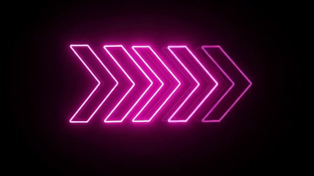 Glowing pink neon chevron arrow sequence moving right on black motion animated video 4k