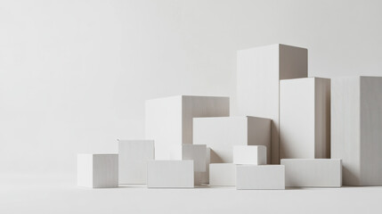 White geometric shapes arranged artistically for minimalist design aesthetics in a studio setting