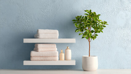 A serene minimalist bathroom features floating shelves with neatly folded towels and toiletries, complemented by a vibrant potted green plant against a textured blue wall.