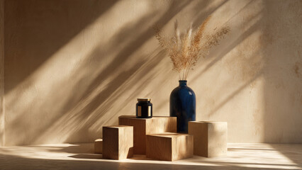 Minimalist product display with a blue vase, dried pampas grass, and a jar on wooden blocks, bathed in warm sunlit shadows.