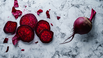 Freshly cut red beets showcasing vibrant color and texture on a marble countertop in a bright kitchen setting
