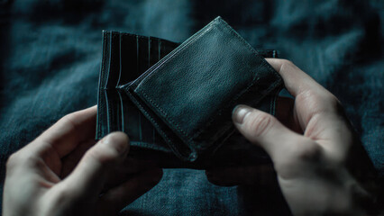 A person holds an open, empty black wallet, signifying financial hardship, debt, and the feeling of having no money or resources.