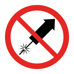 No fireworks warning symbol in red circle with crossed out firework icon. Sign discourages the use of fireworks to promote safety and peace during celebrations.