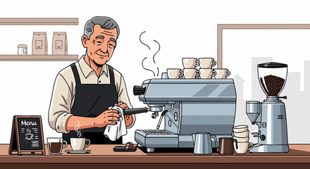 Elderly barista preparing coffee at counter with espresso machine and coffee grinder. Barista serves customers with freshly brewed coffee and engages with community at local cafe.