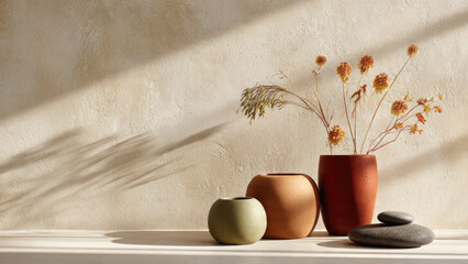 Serene minimalist arrangement: earthy vases with dried botanicals and stacked stones on a shelf, illuminated by warm light and dynamic shadows.