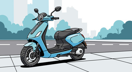 Electric scooter parked on sidewalk with urban backdrop featuring modern buildings and greenery. Electric scooter is designed with a sleek blue color and stylish features