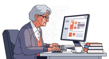 Elderly librarian working at computer with books and coffee on desk. Elderly librarian showcases digital skills while using computer in cozy workspace.