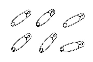 Halftone stipple elements set. Safety pins set with grunge dotted texture for y2k collage design, punk symbol. Retro photocopy vector illustration isolated on transparent background