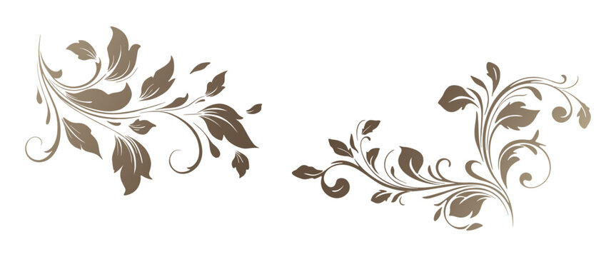 Elegant vector floral corner ornaments with swirling leaves and decorative flourishes, detailed vintage-style embellishments for frames on transparent background