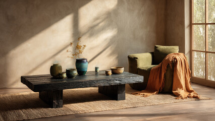A serene living room with a rustic wooden table, ceramic pots, a green armchair, and an orange throw, bathed in natural light.