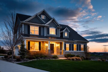 Beautiful suburban house illuminated at dusk with warm welcoming lights