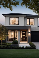 Modern house with elegant design and landscaped garden during twilight