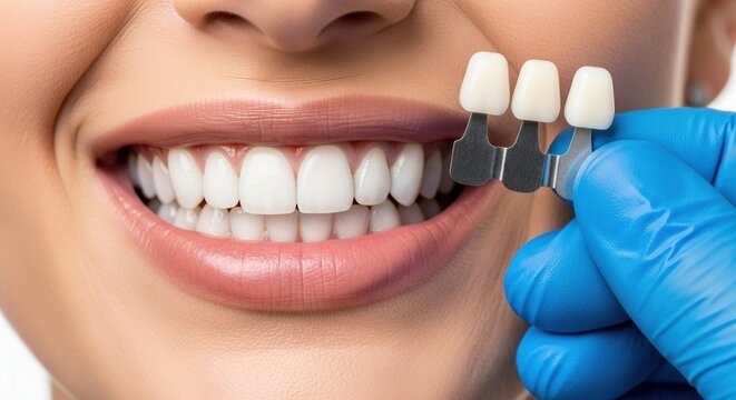 Dentist Matching Tooth Color: Close-up of Woman's Perfect Smile and Ceramic Shade Guide for Whitening or Veneers Selection.