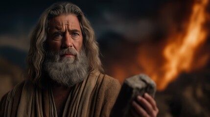 Moses standing alone on the dark mountain as a pillar of divine fire descends beside him and the stone tablets glow in his hands