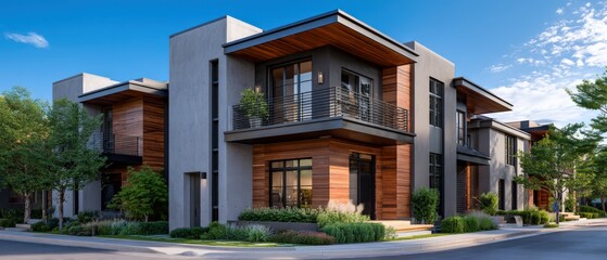 Fototapeta premium Modern residential buildings blend wood and concrete in a sunny neighborhood