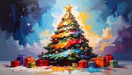 Choinka na Boże Narodzenie z gwiazdą betlejemską oraz prezentami