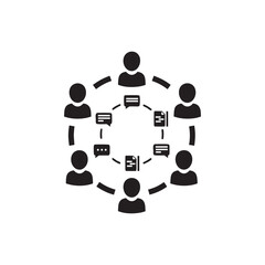 Black and white vector icon representing business teamwork and digital collaboration network