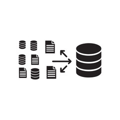 Black and White Vector Icon for Data Consolidation and Database Migration in Business and IT