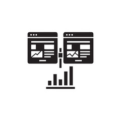 Black and white vector icon of website comparison and analytics dashboard showing A B testing and bar chart for business and IT technology