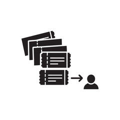 Black and white vector icon of bulk ticket distribution to user for business and IT