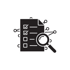 Black and White Vector Checklist with Magnifying Glass and Network Nodes Business Technology Audit Icon
