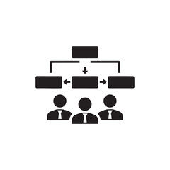 Black and White Business Workflow Vector Icon Showing Team, Flowchart and Organizational Chart